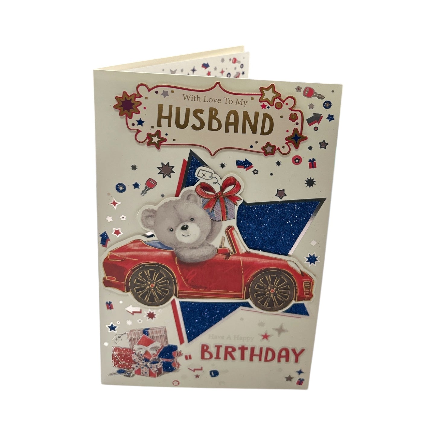 To My Husband Teddy In Red Car Design Birthday Card