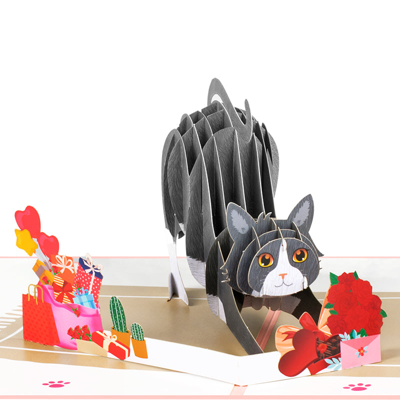 Cat with Red Roses 3D Pop Up Valentine’s Day Card