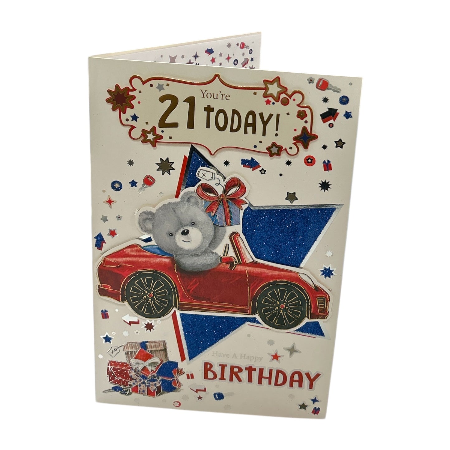Age 21 Teddy In Red Car Design Birthday Card