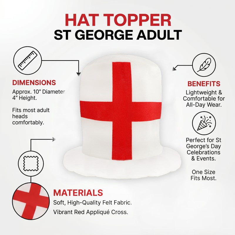 England St. George’s Cross Top Hat - White Red Cross Fancy Dress Party Accessory for Football Sports Events Celebrations Costume