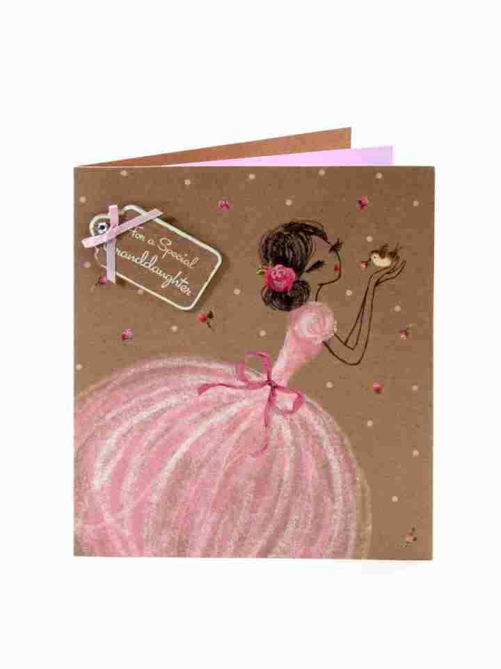 Granddaughter Birthday Card Girl in Pink Dress with Bird