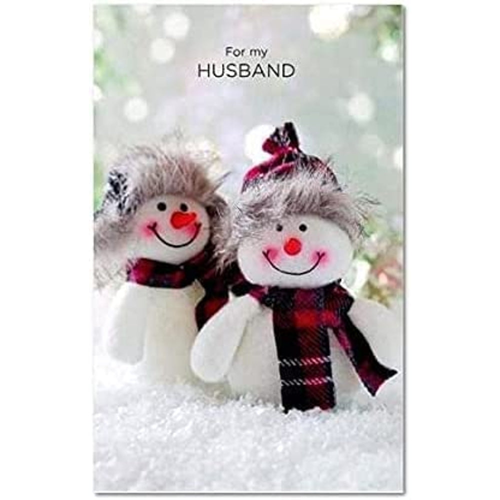 Husband Christmas Card Snowmen Wearing Tartan Scarves