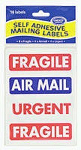 MAILING LABELS 16 SELF ADHESIVE 95MM X 30MM 8 FRAGILE 4 AIRMAIL 4 URGENT