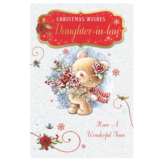 For Daughter In Law Teddy With Bunch of Flowers Design Christmas Card