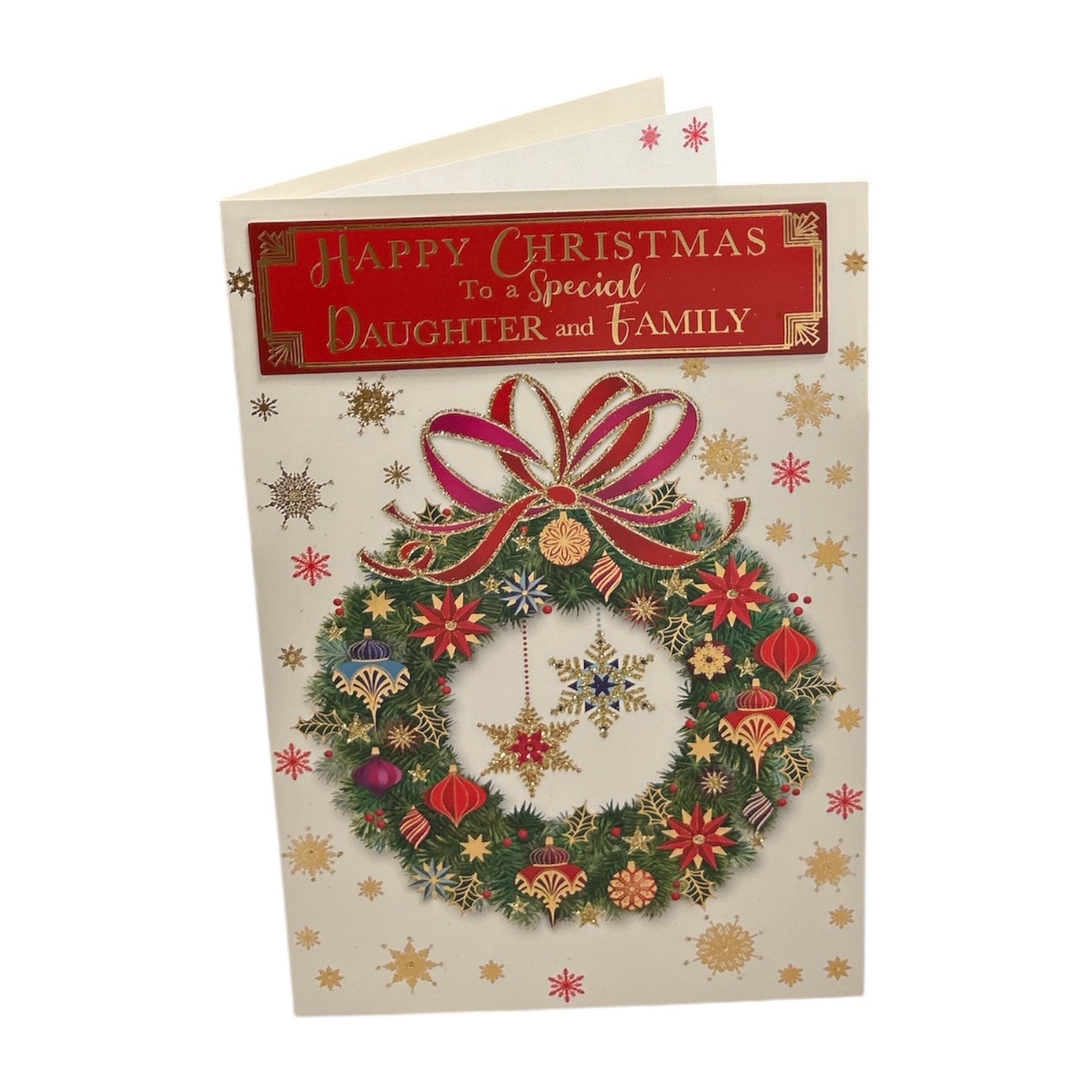 To a Special Daughter and Family Baubles Decorative Wreath Design Christmas Card