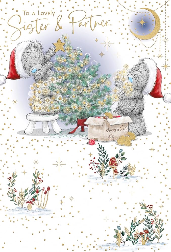 Bears Decorating Tree Sister And Partner Christmas Card