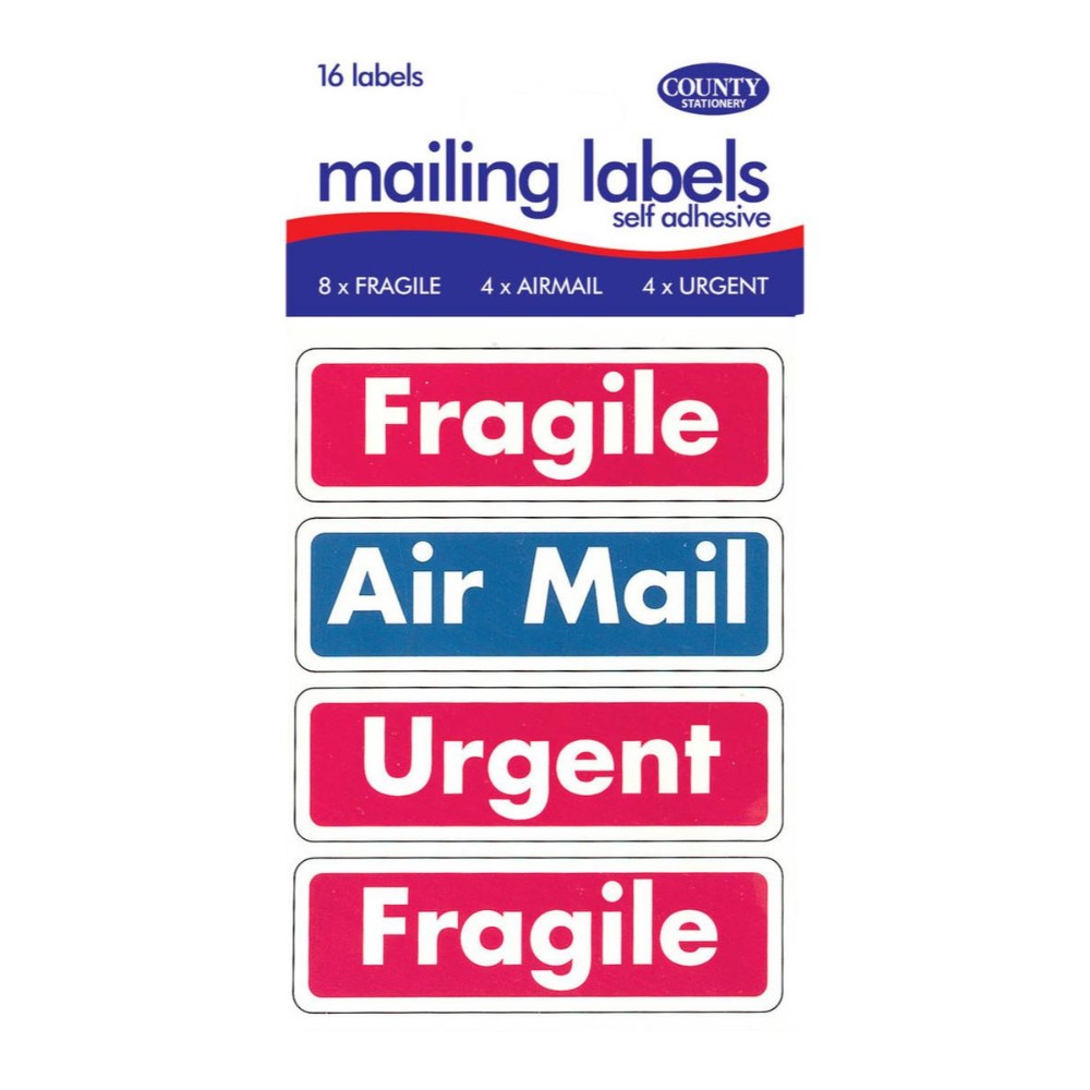 MAILING LABELS 16 SELF ADHESIVE 95MM X 30MM 8 FRAGILE 4 AIRMAIL 4 URGENT