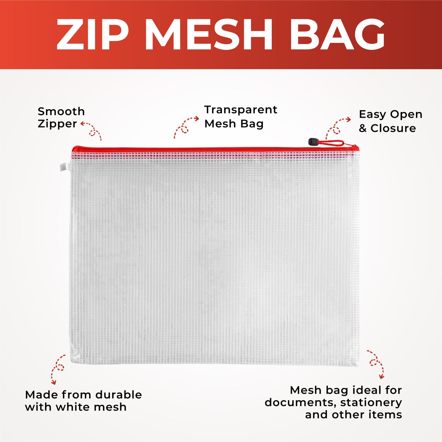 Pack of 24 A5 Red Zip Strong Mesh Bags - Tough Waterproof Storage