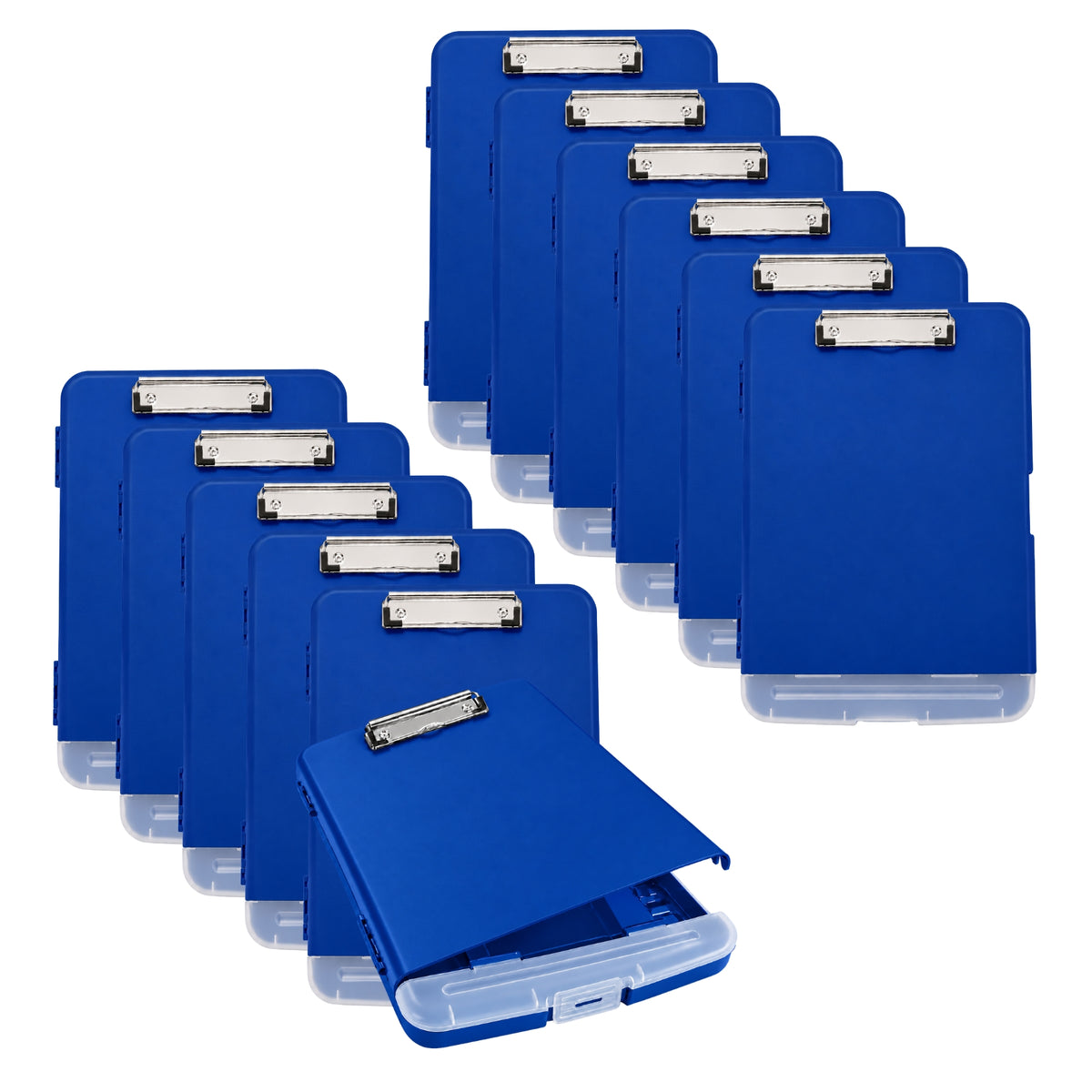 Pack of 12 A4 Blue Plastic Clipboard Box Files With Pencil Holder - Storage Filing Case