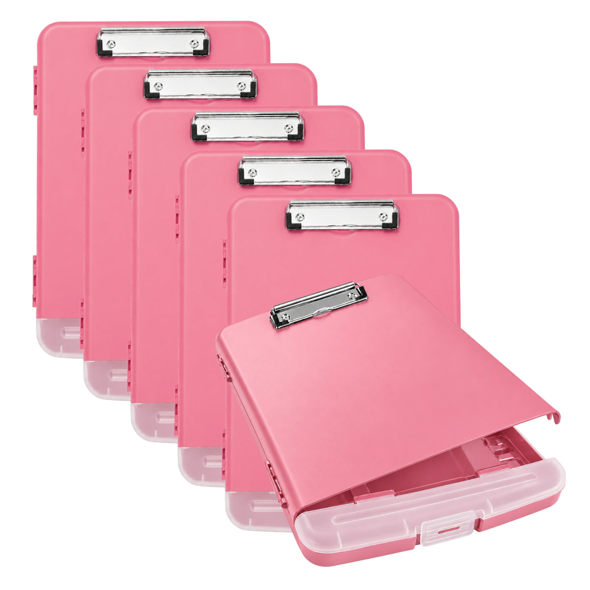 Pack of 6 A4 Pink Plastic Clipboard Box Files With Pencil Holder - Storage Filing Case