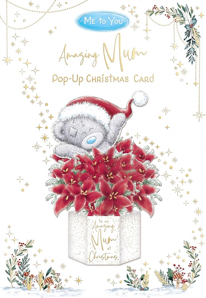 Bear Popping Out Of Poinsettia Flowers Mum Luxury Pop-Up 3D Christmas Card