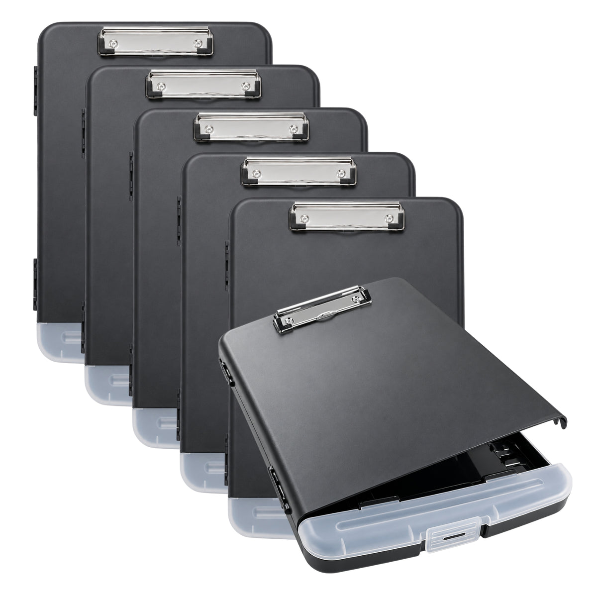 Pack of 6 A4 Black Plastic Clipboard Box Files With Pencil Holder - Storage Filing Case
