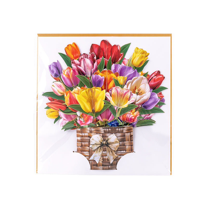 Petals of Joy Tulip Basket 3D Pop Up Greeting Card - Mother's Day Birthday Wedding Anniversary