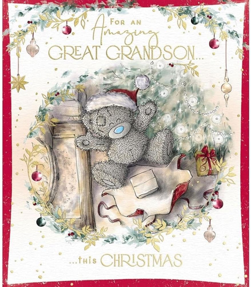 Bear Lying Down Next To Unwrapped Gift Amazing Great Grandson Christmas Card