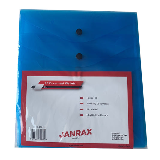 Pack of 12 Janrax A5 Blue Document Wallets
