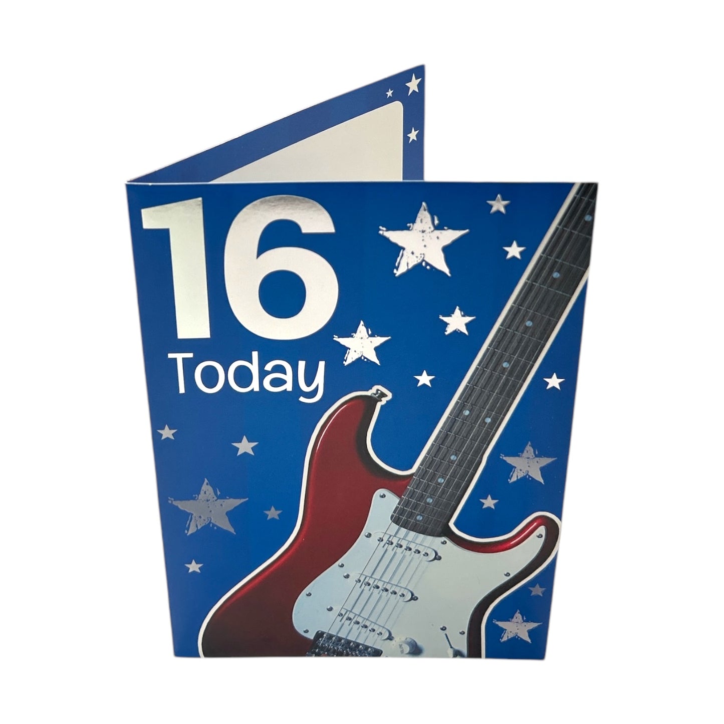 Age 16 Male Silver Stars And Guitar Design Birthday Card