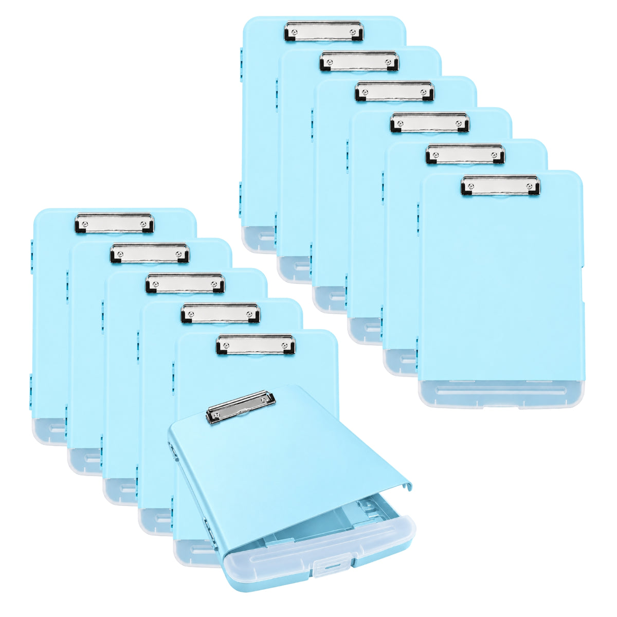 Pack of 12 A4 Light Blue Plastic Clipboard Box Files With Pencil Holder - Storage Filing Case