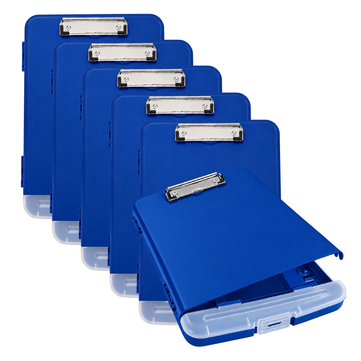 Pack of 6 A4 Blue Plastic Clipboard Box Files With Pencil Holder - Storage Filing Case