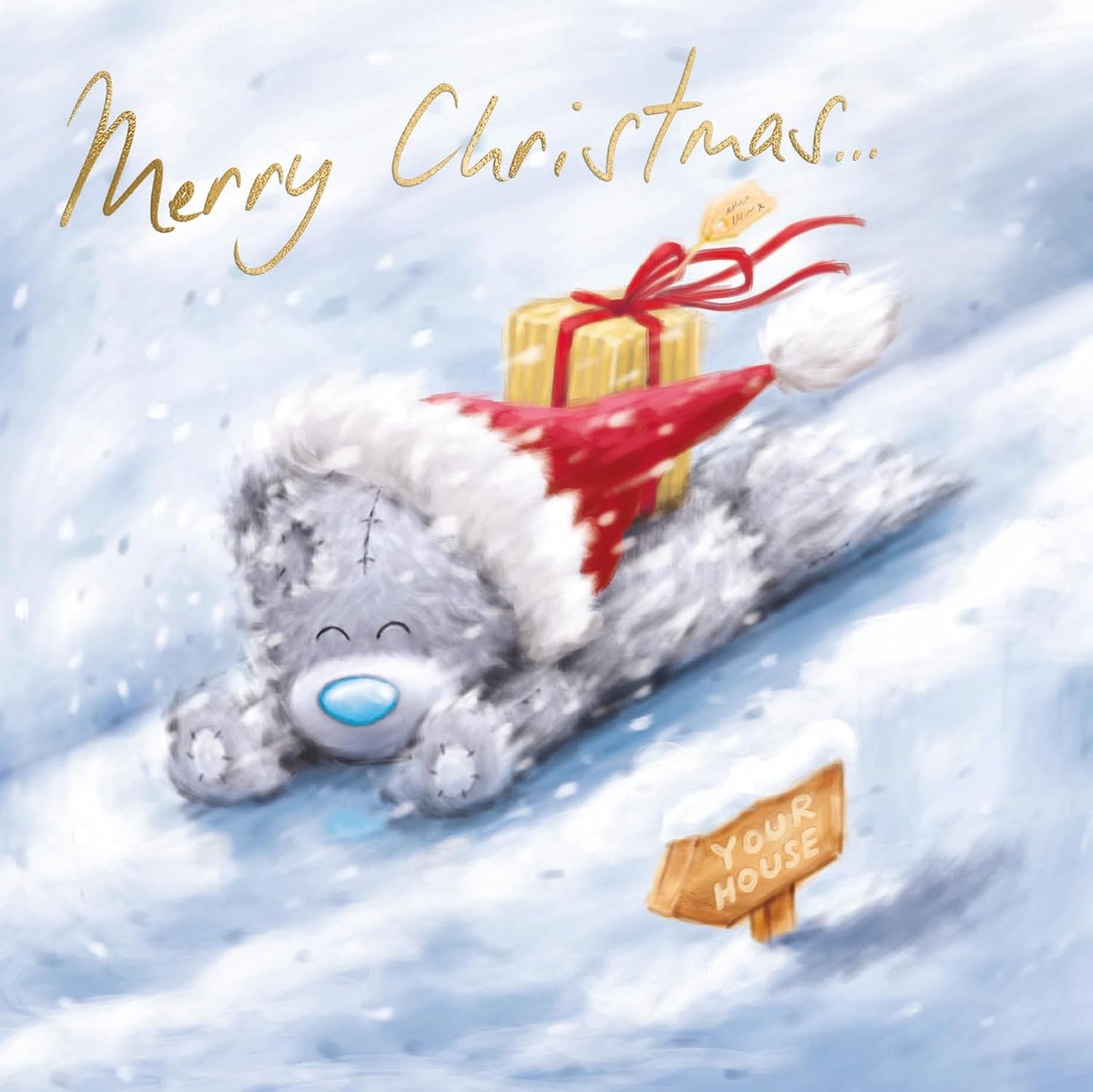 Bear Sliding Down Snowy Slope Open Christmas Card