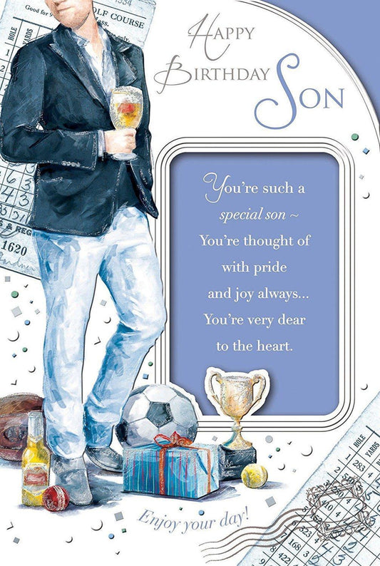 Son Birthday Card Happy Birthday Man With Beer, Football & Present 9 x 6"