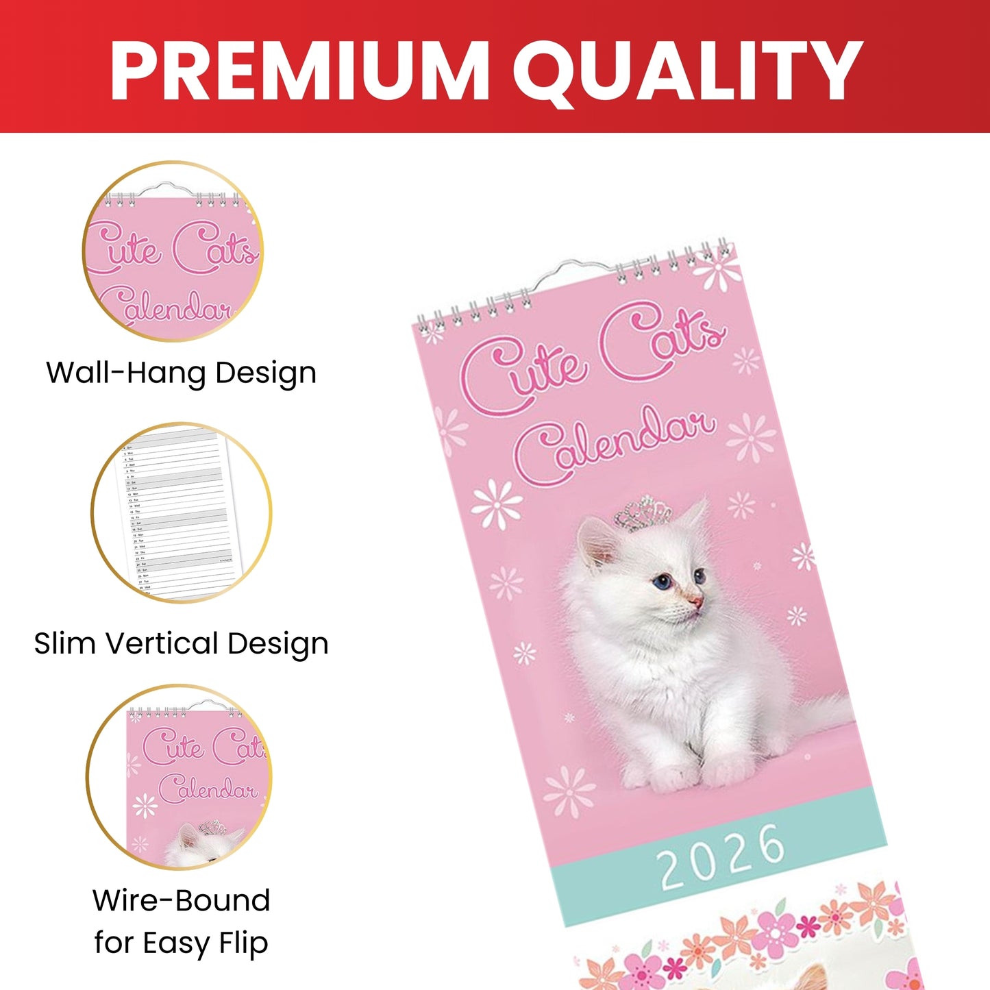 Slim Month To View Calendar 2026 – Photographic Cats – 143mm x 417mm