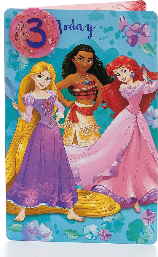 Disney Princess Design With Rapunzel, Moana & Ariel 3rd Birthday Card with Badge 