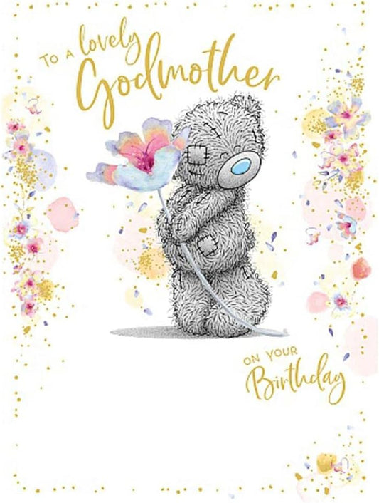 Bear Holding Single Flower Godmother Birthday Card