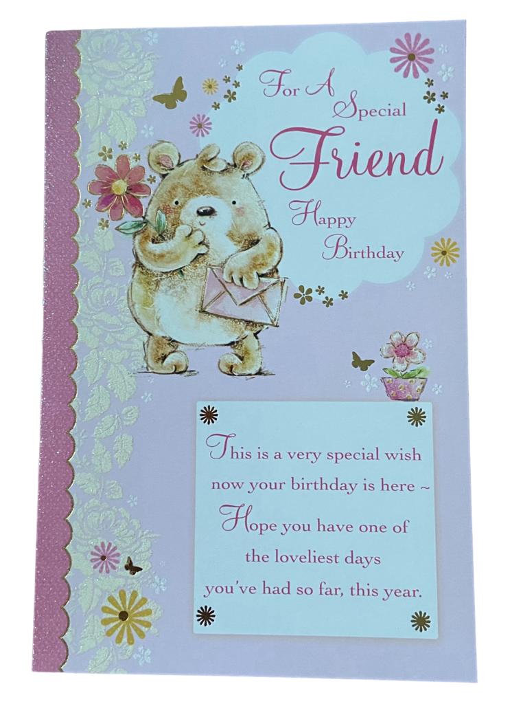 For Friend Teddy With Flower Birthday Card