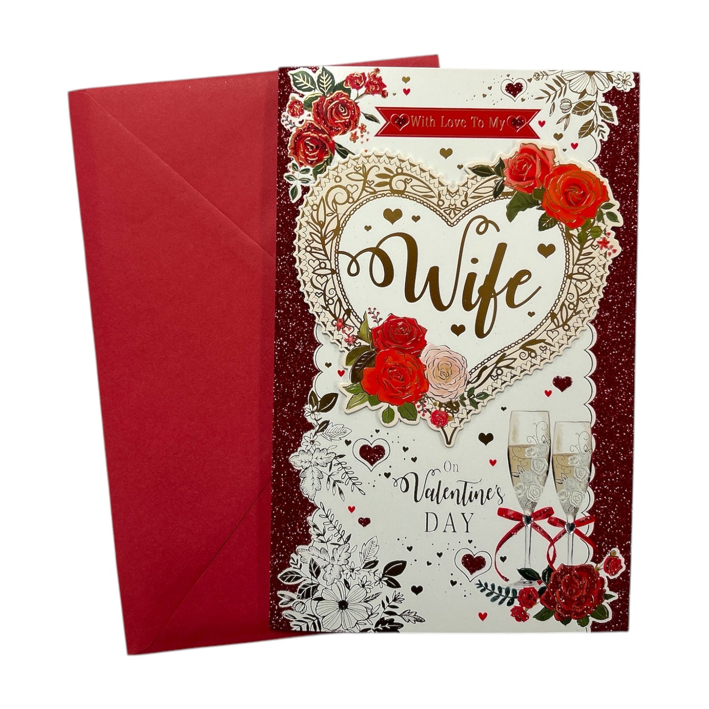 To My Wife Hearts and Red Roses Design 8 Page Insert Valentine's Day Card