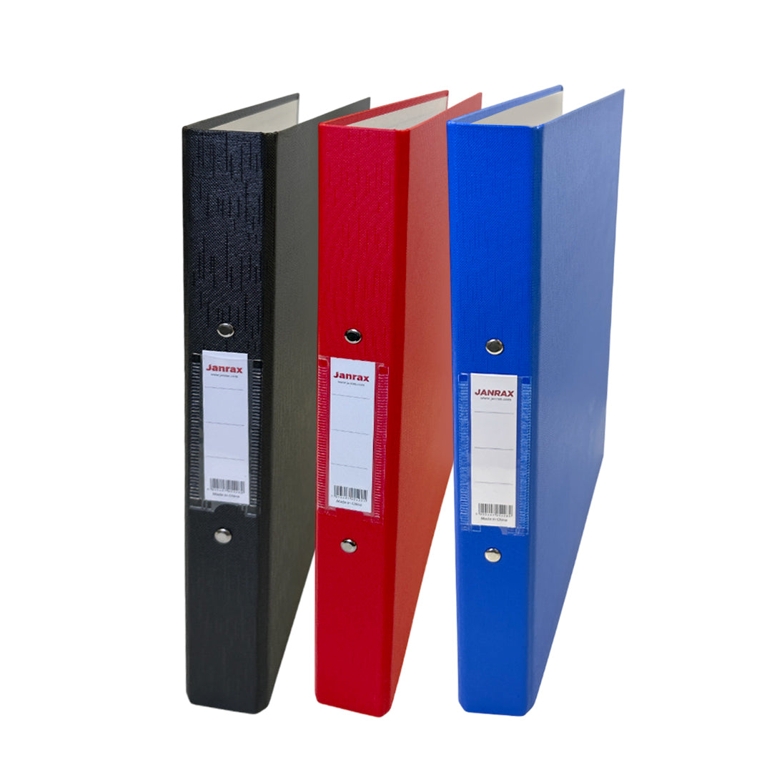 Pack of 3 Janrax A4 Paper Over Board Ring Binders – 2 O-Ring Mechanism, 35mm Spine, Spine Label – Black, Blue, Red