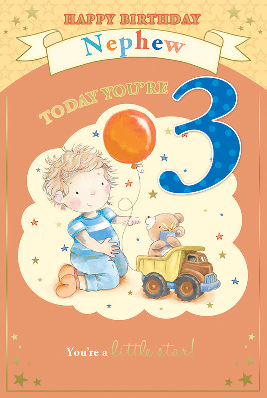 Today You're 3 Boy With Balloon Design Nephew Candy Club Birthday Card