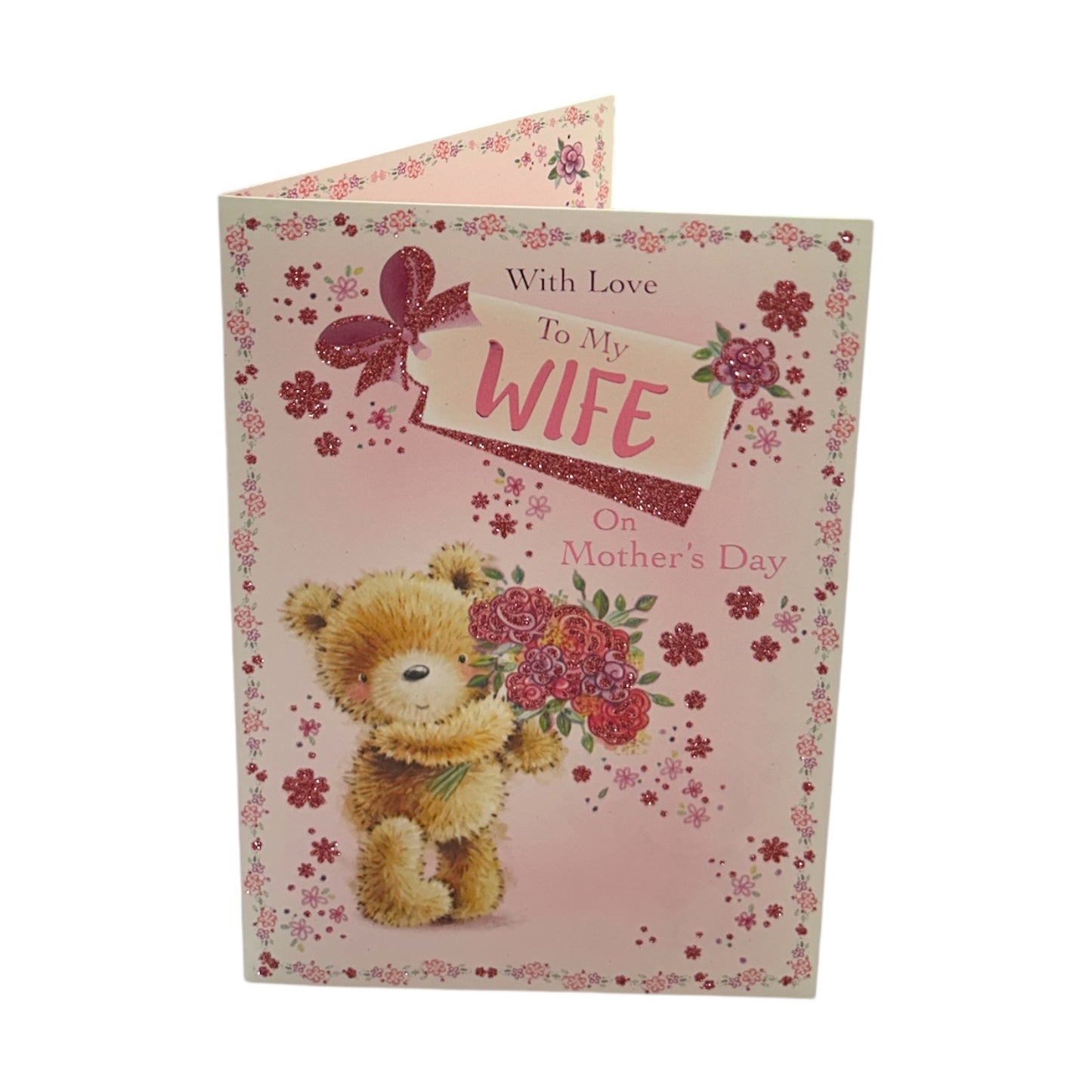 To My Wife Teddy Holding Bouquet Design Mother's Day Card