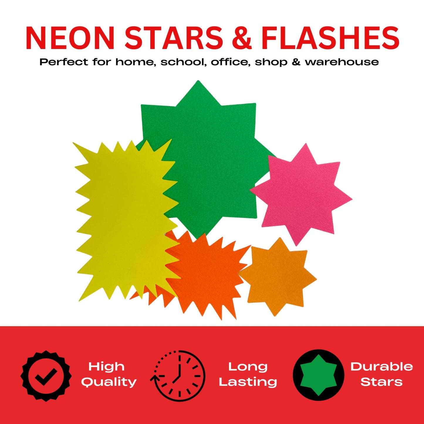 Pack of 2400 Assorted Coloured Neon Fluorescent Stars & Flashes in Assorted Size