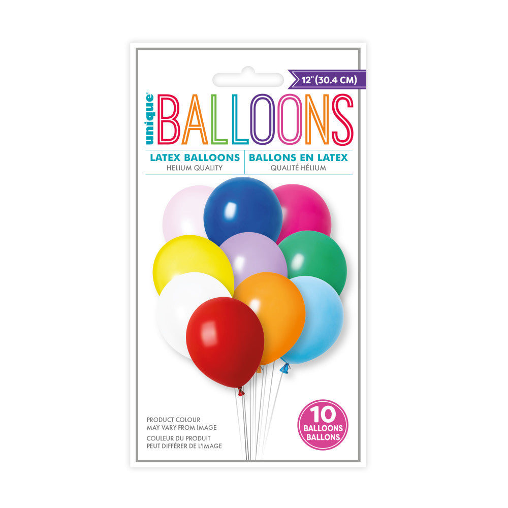 Pack of 10 Assorted Coloured 12" Premium Latex Balloons
