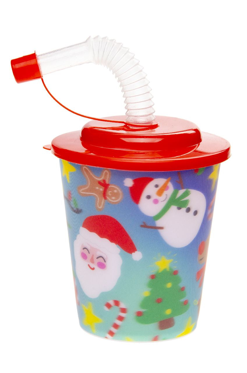 Pack of 12 Christmas 3D Cups With Straw and Lid