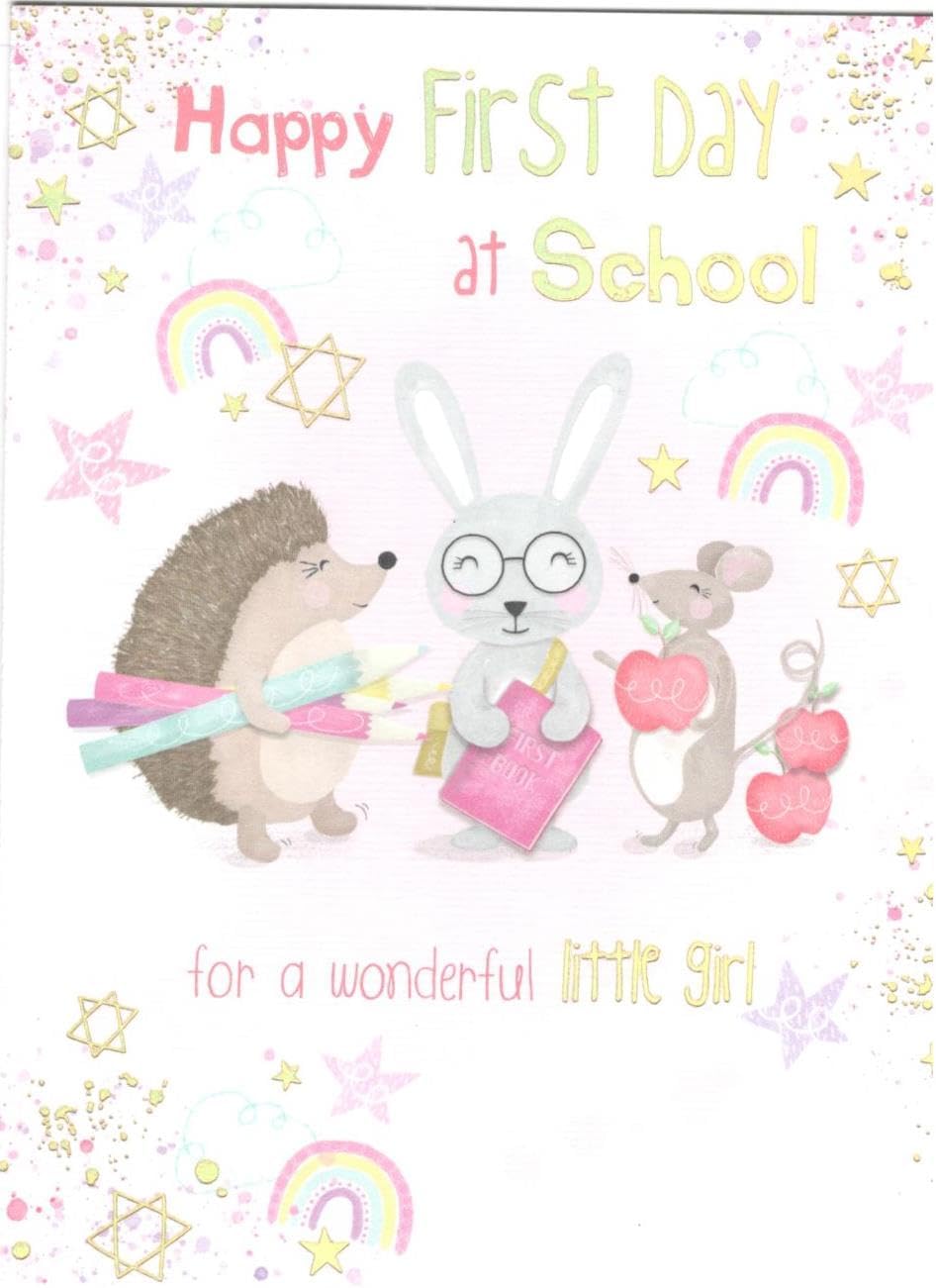 Animals Carrying Stationery For Girl Happy First Day At School Card