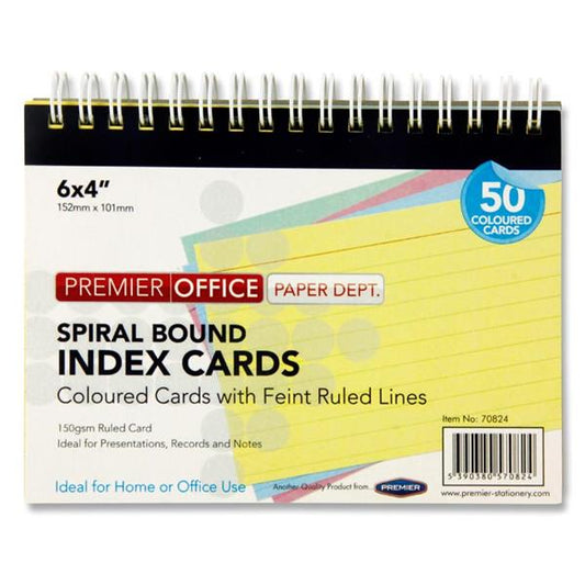 Pack of 50 6"x4" Spiral Ruled Coloured Index Cards by Premier Office