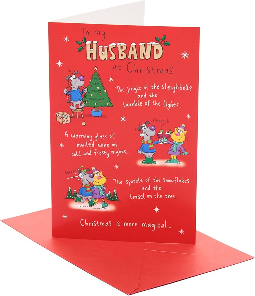 Giggles Cartoon Dog and Cat Design Husband Christmas Card
