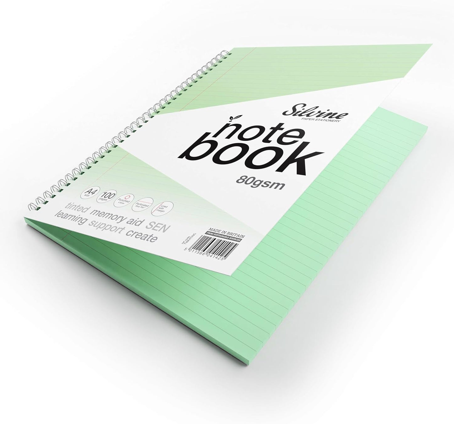 A4+ 100 Pages Twin Wire SEN Green Paper Dyslexia Notebook - Lined with Margin