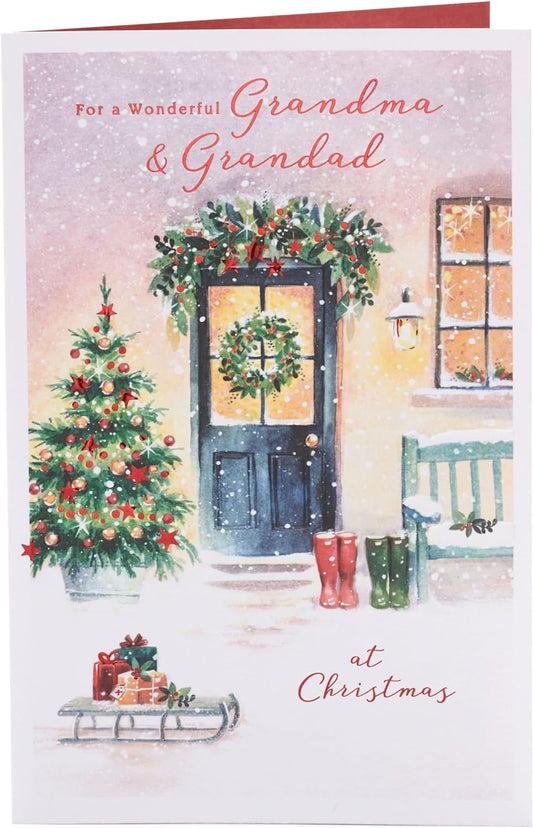 Grandma & Grandad Christmas Card Snowy Door Design