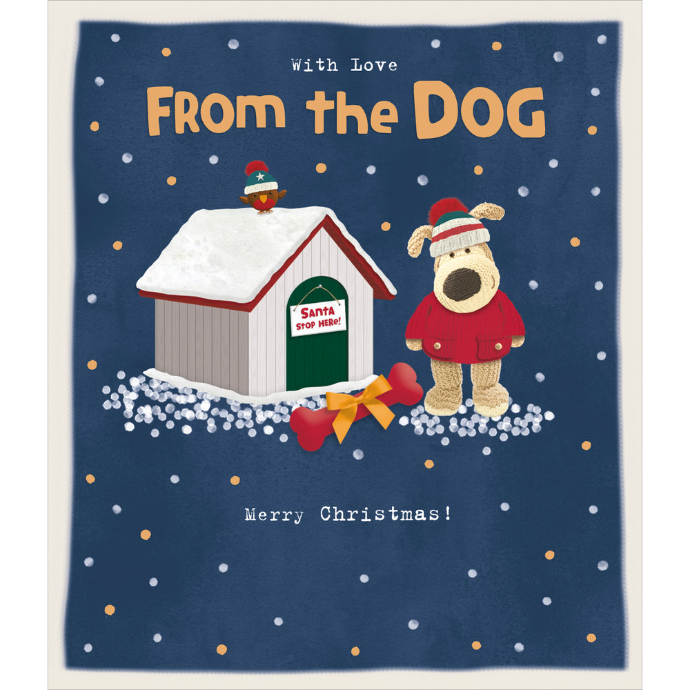 Boofle Standing Next To House From The Dog Christmas Card
