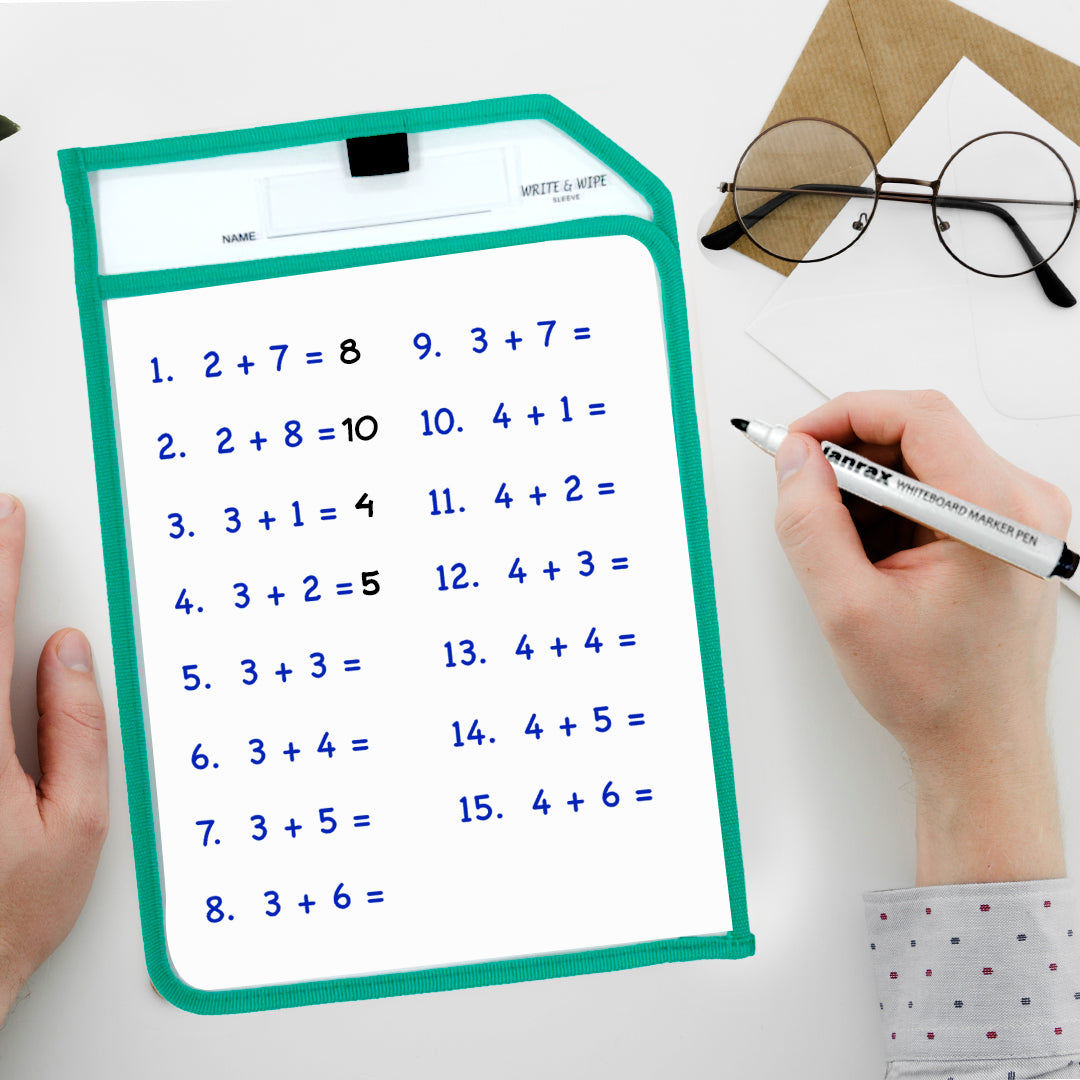 Pack of 8 Green Edge Clear Dry Erase Write and Wipe Reusable Sleeve Pockets