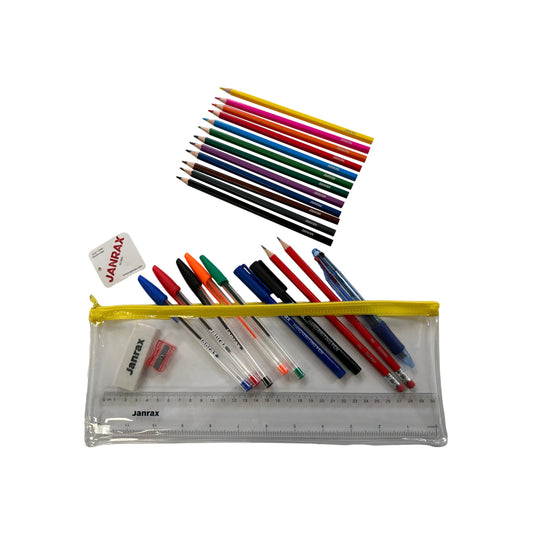 Stationery Filled Yellow Zip 13x5" Pencil Case with Colouring Pencils