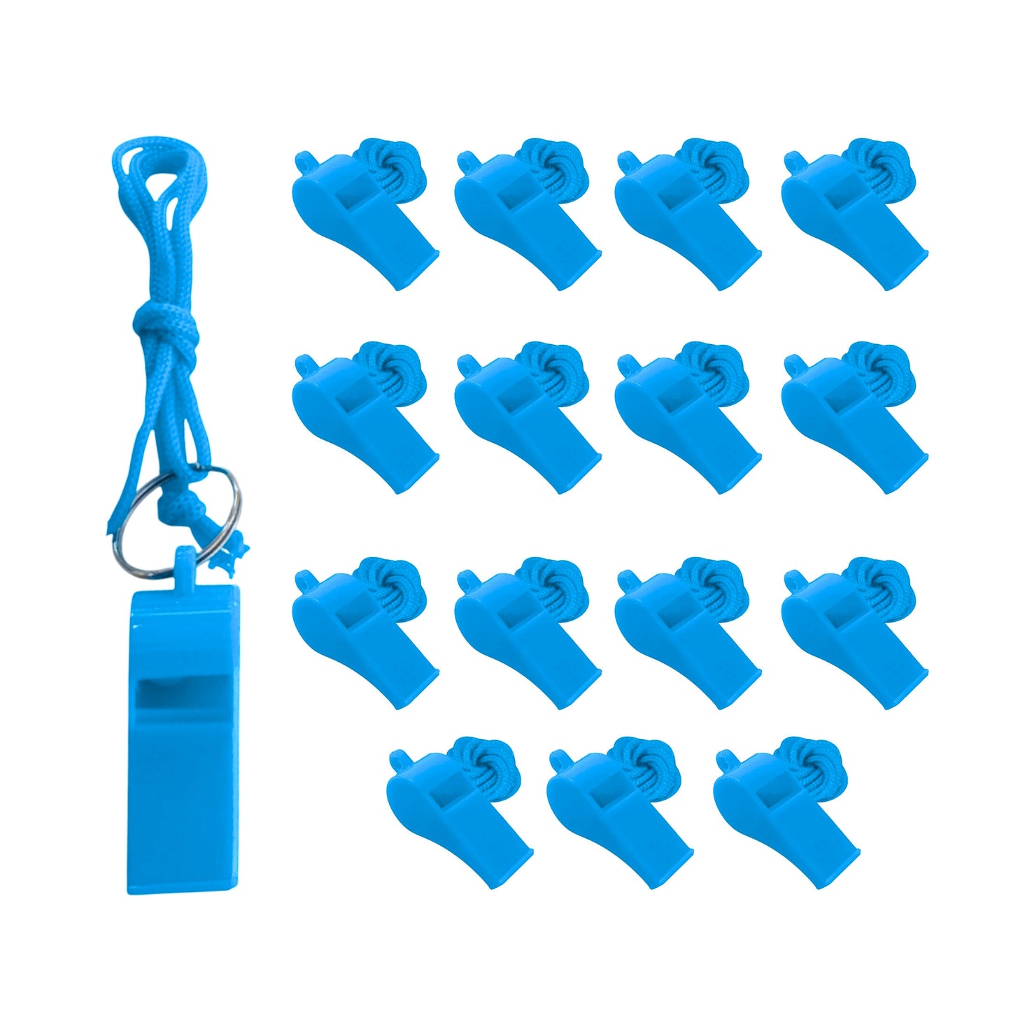 Pack of 15 Light Blue Plastic Whistles with Lanyard Neck Cord