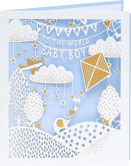 Laser Cut Design Welcome to The World Baby Boy Congratulations Card