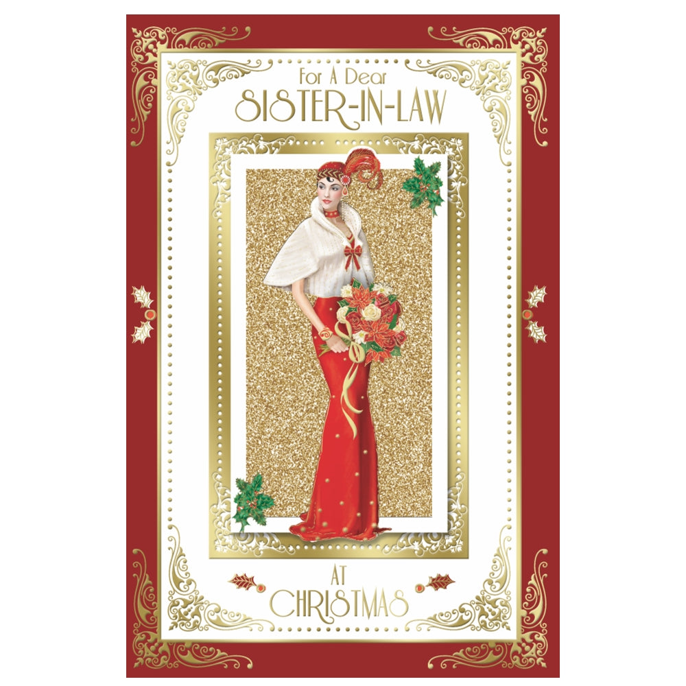 For Sister In Law Elegant Woman Holding Flowers Design Christmas Card