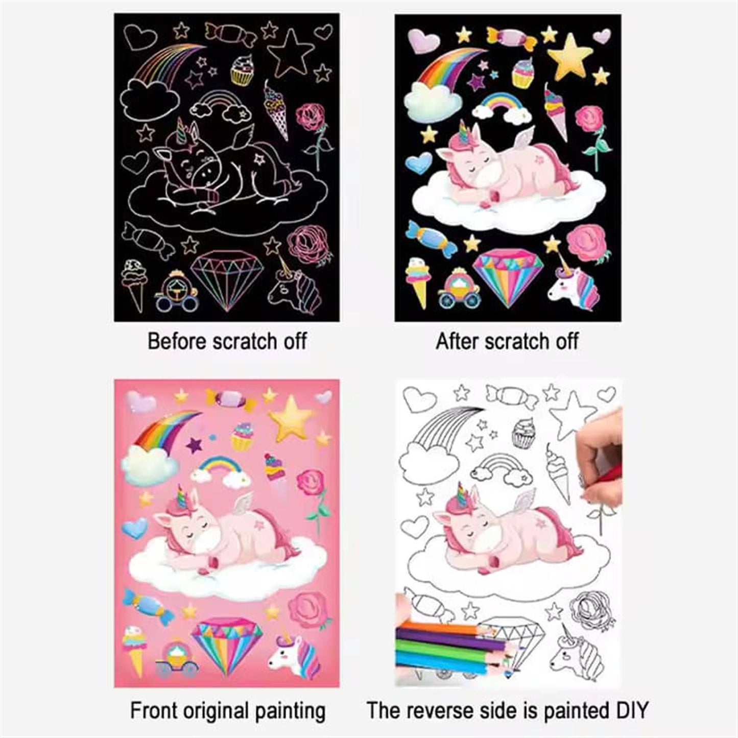 Unicorn Theme 9 Pages Art Creative Scratch Painting Book with Scratch Pen