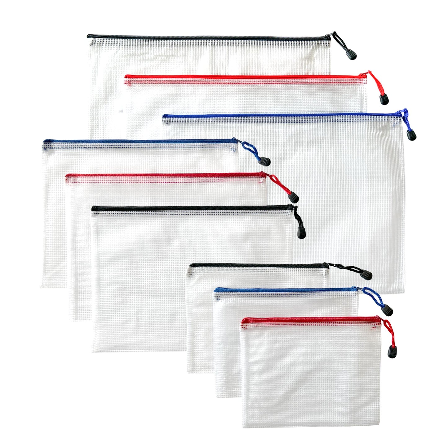 Pack of 9 Assorted Strong Mesh Bags - Black, Blue, Red - A3, A4, A5 - Tough Waterproof Storage