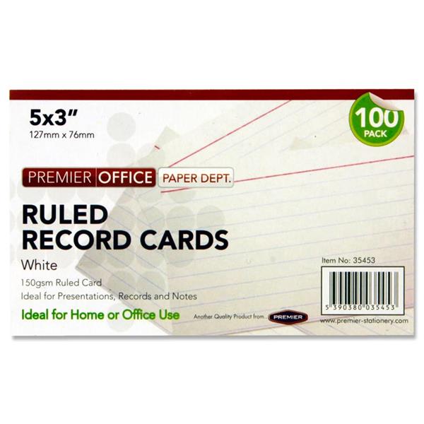 Pack of 100 5"x3" Ruled White Record Cards by Premier Office