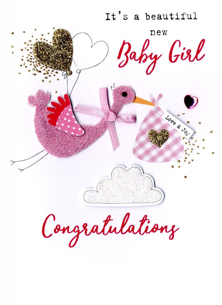 Pink Stork New Baby Girl Congratulations Card